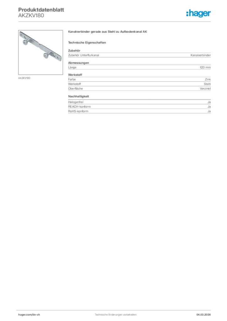 Bild Hager Produktdatenblatt AKZKV180 | Hager Schweiz