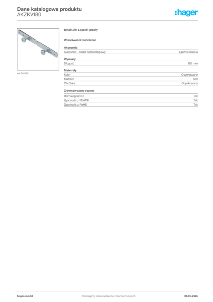 Zdjęcie Hager Dane katalogowe produktu AKZKV180 | Hager Polska