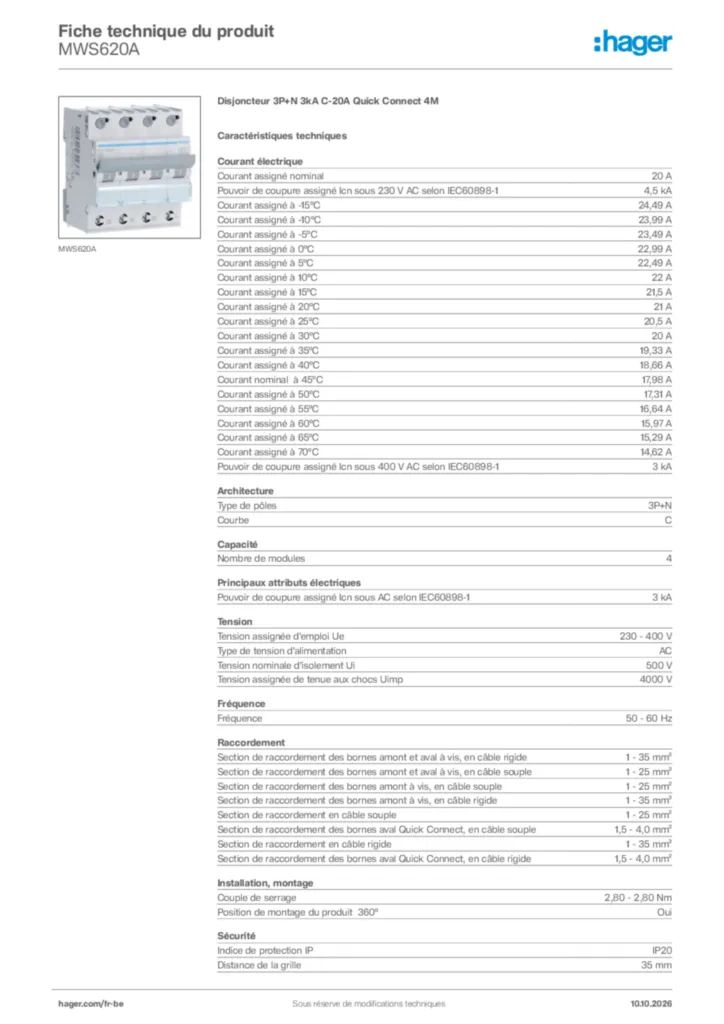 Image Hager Fiche technique du produit MWS620A | Hager Belgique
