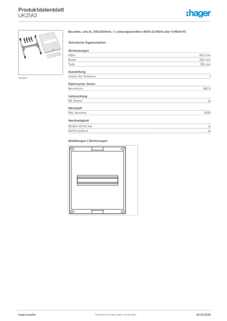 Bild Hager Produktdatenblatt UK21A3 | Hager Deutschland