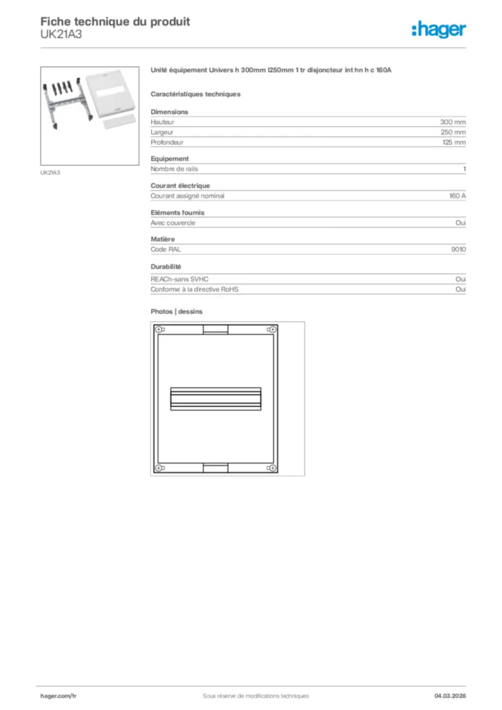 Image Hager Fiche technique du produit UK21A3 | Hager France