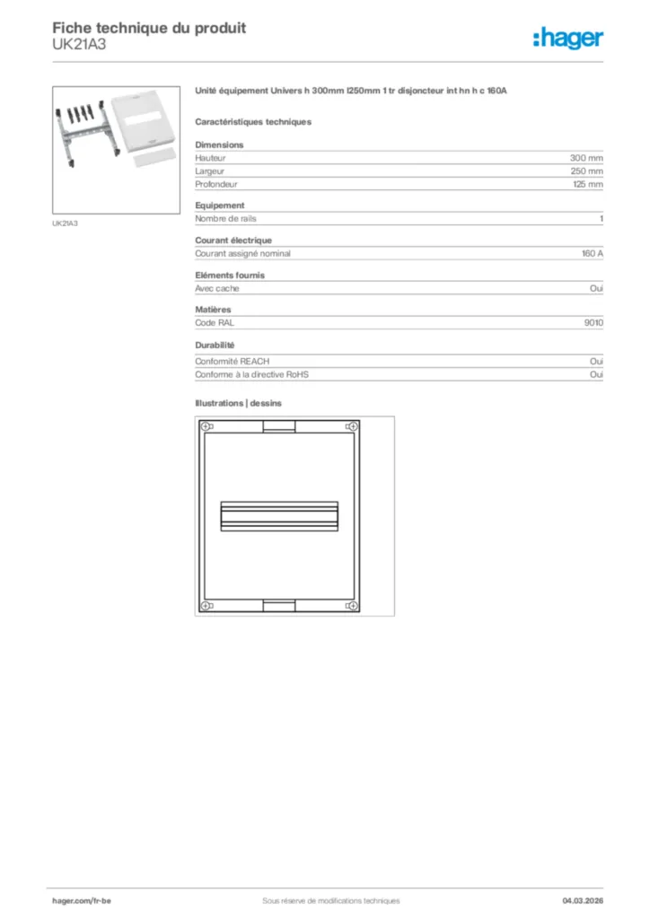 Image Hager Fiche technique du produit UK21A3 | Hager Belgique
