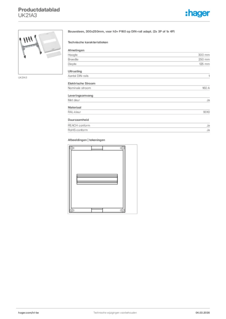 Afbeelding Hager Productdatablad UK21A3 | Hager Belgium