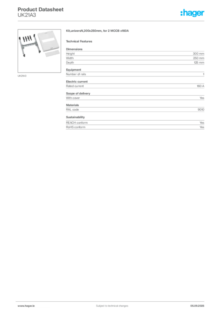 Image Hager Product data sheet UK21A3  | Hager