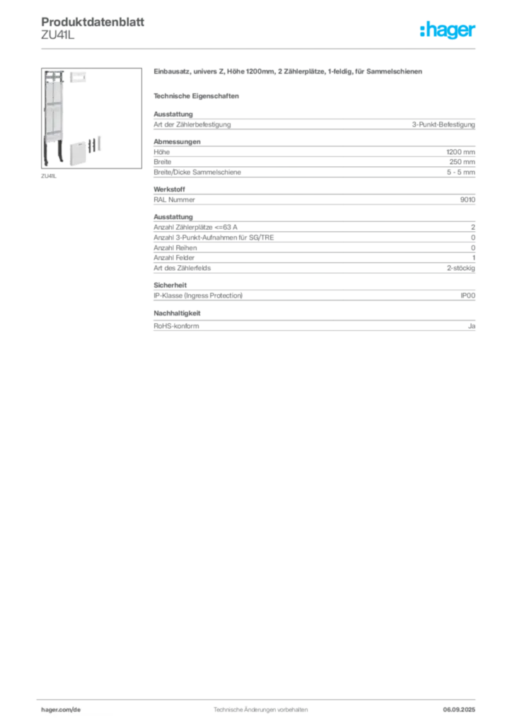 Bild Hager Produktdatenblatt ZU41L | Hager Deutschland