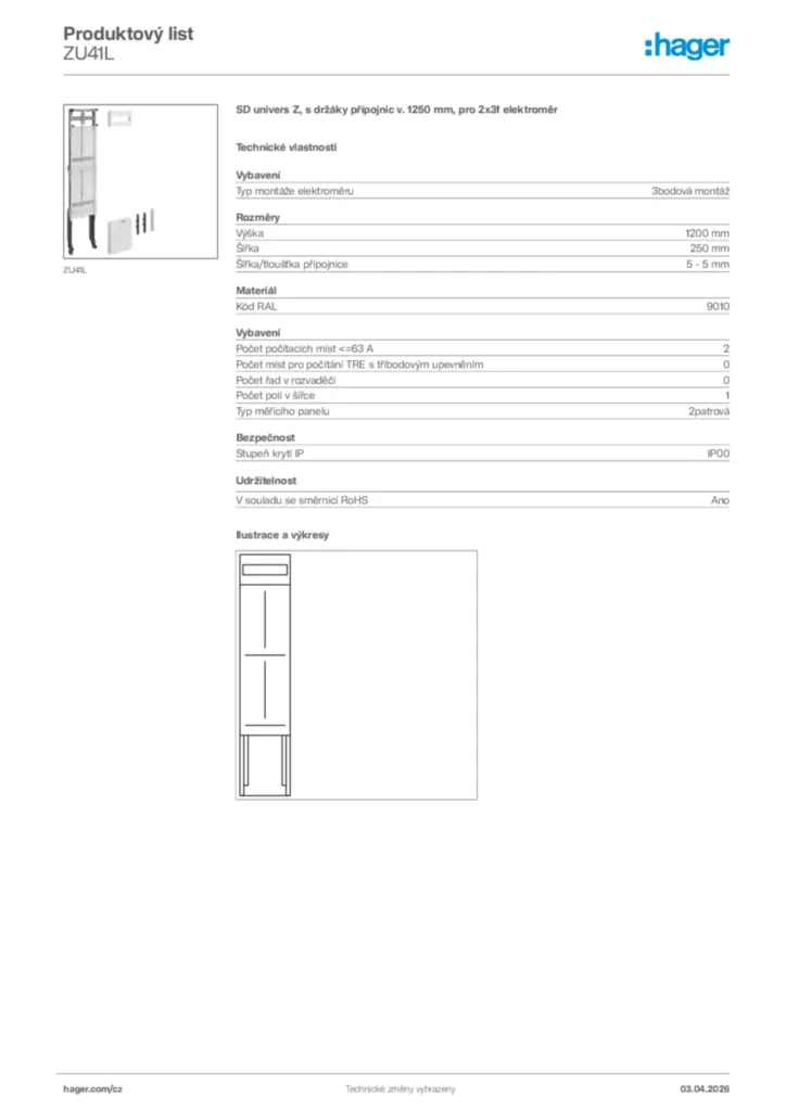 Obrázek Hager Product data sheet ZU41L | Hager