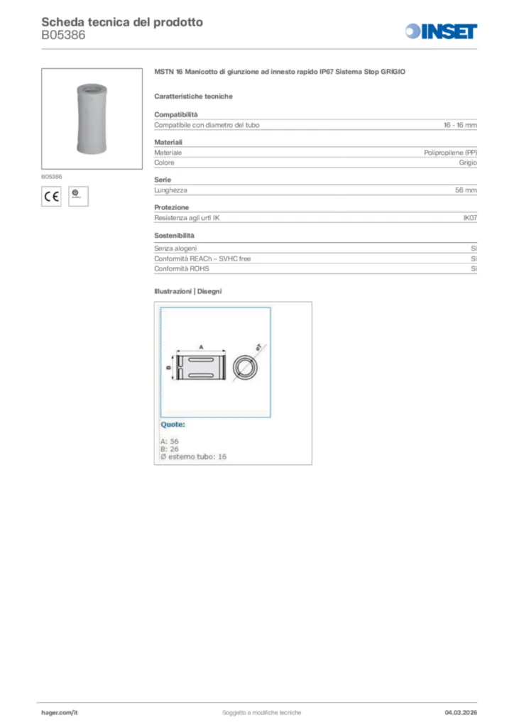 Immagine Inset Scheda tecnica del prodotto B05386 | Hager Italia