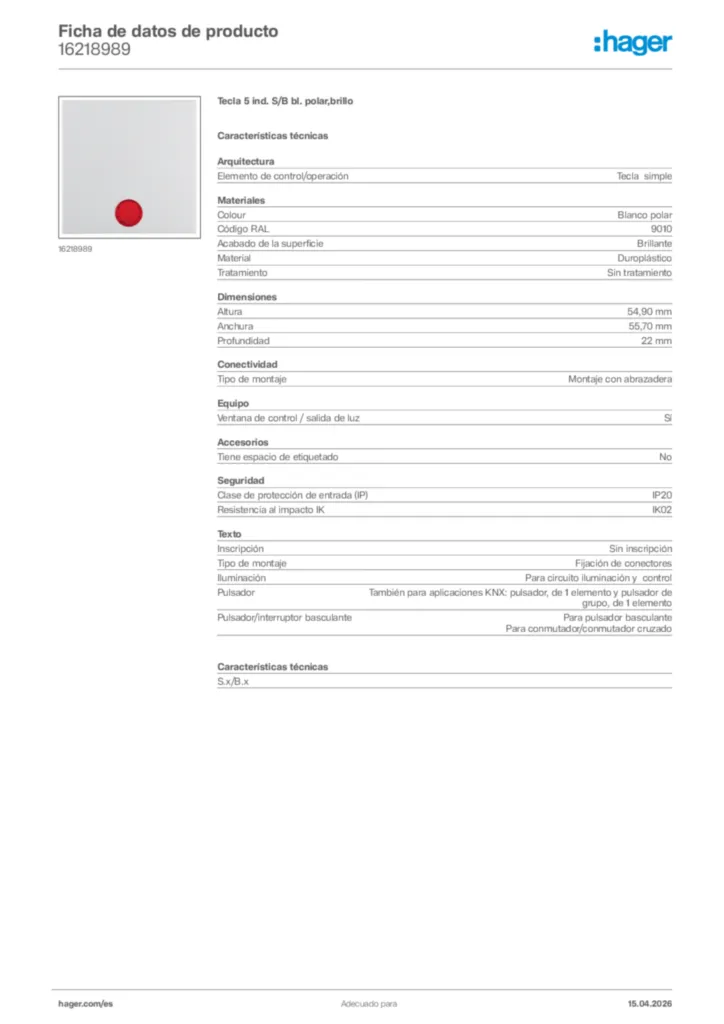 Imagen Hager Ficha de datos de producto 16218989 | Hager España