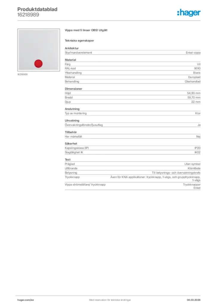 Bild Hager Produktdatablad 16218989 | Hager Sverige