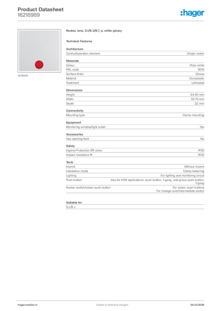 Image Hager Product data sheet 16218989  | Hager