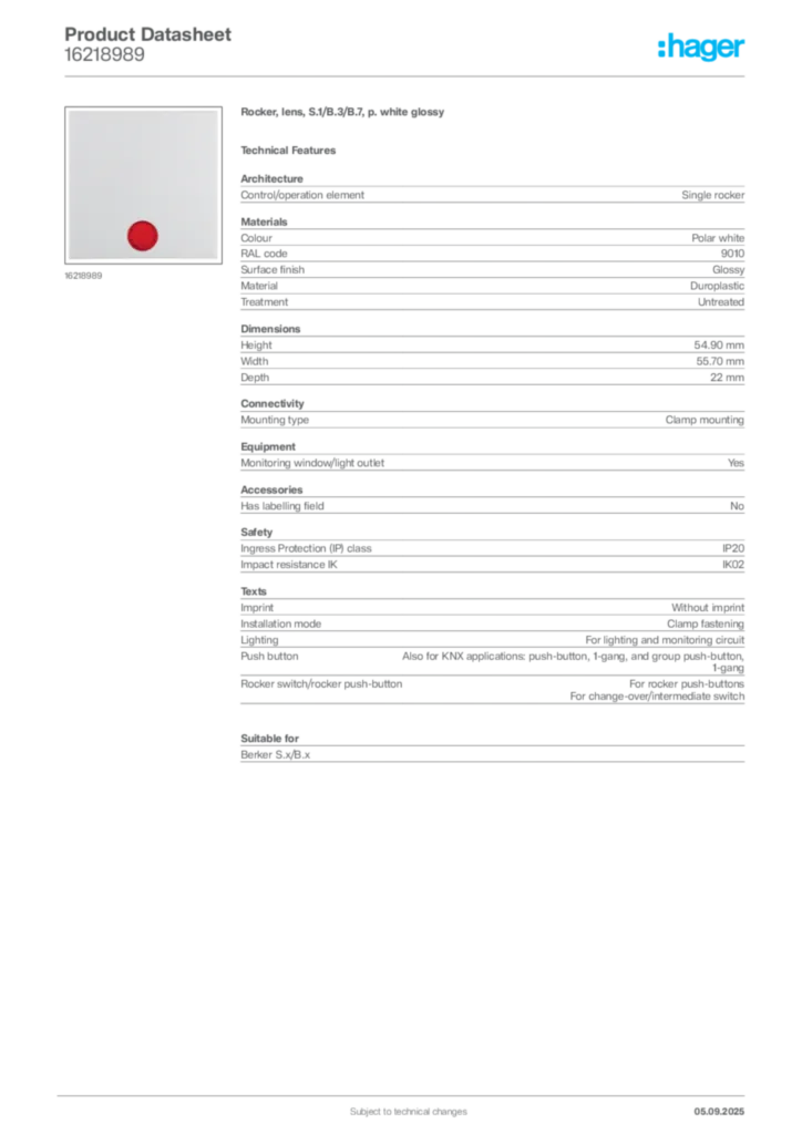 Image Hager Product data sheet 16218989  | Hager