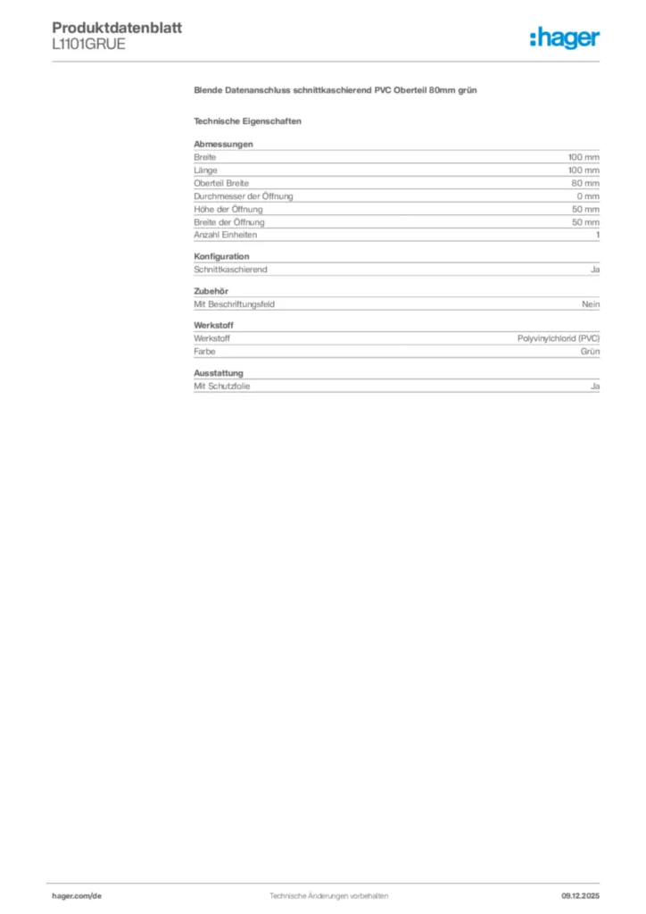 Bild Hager Produktdatenblatt L1101GRUE | Hager Deutschland