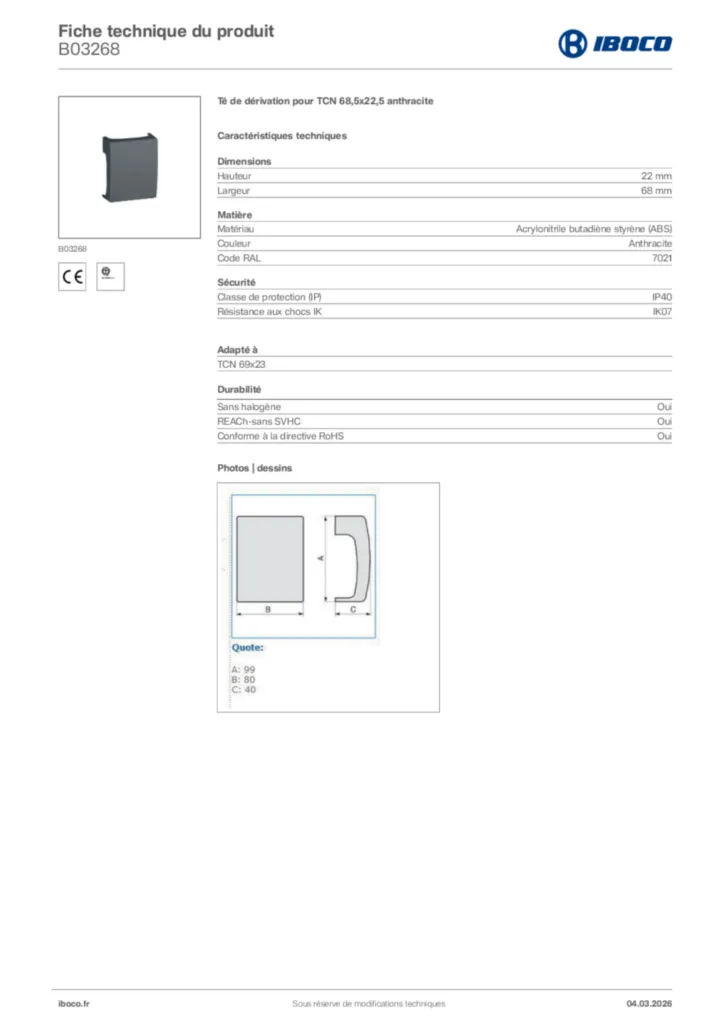 Image Iboco Fiche technique du produit B03268 | Hager France
