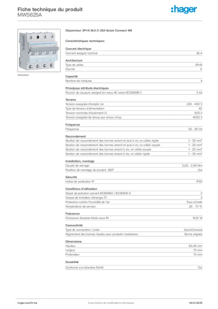 Image Hager Fiche technique du produit MWS625A | Hager Belgique