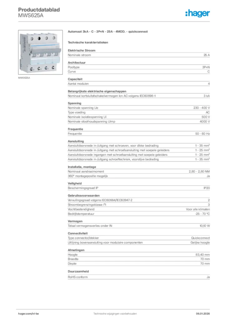 Afbeelding Hager Productdatablad MWS625A | Hager Belgium