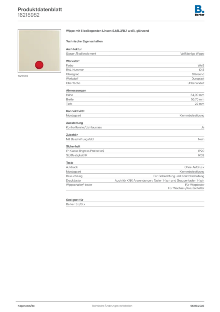 Bild Berker Produktdatenblatt 16218982 | Hager Deutschland