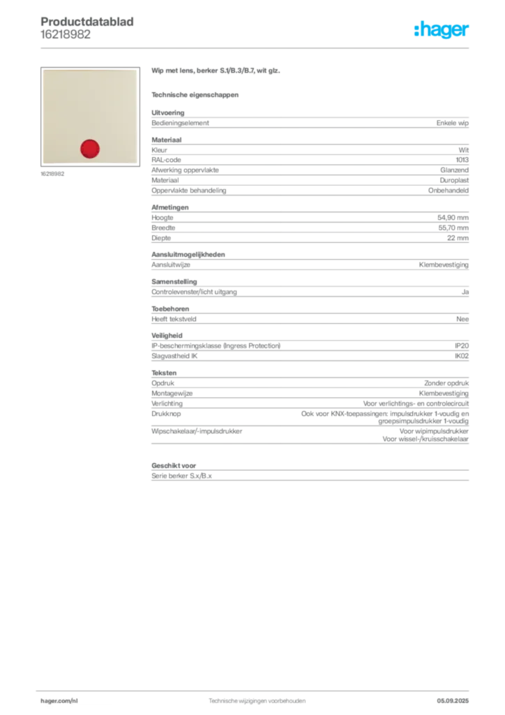 Afbeelding Hager Productdatablad 16218982 | Hager Nederland