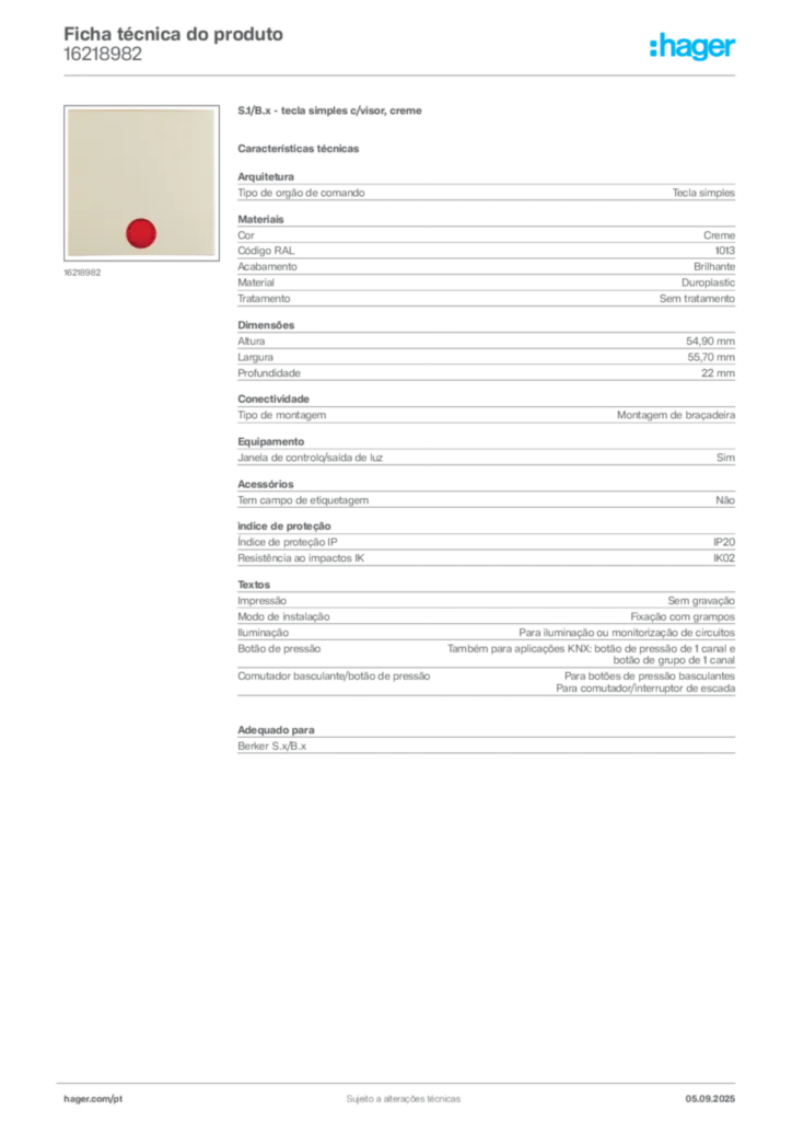Imagem Hager Ficha técnica do produto 16218982 | Hager Portugal