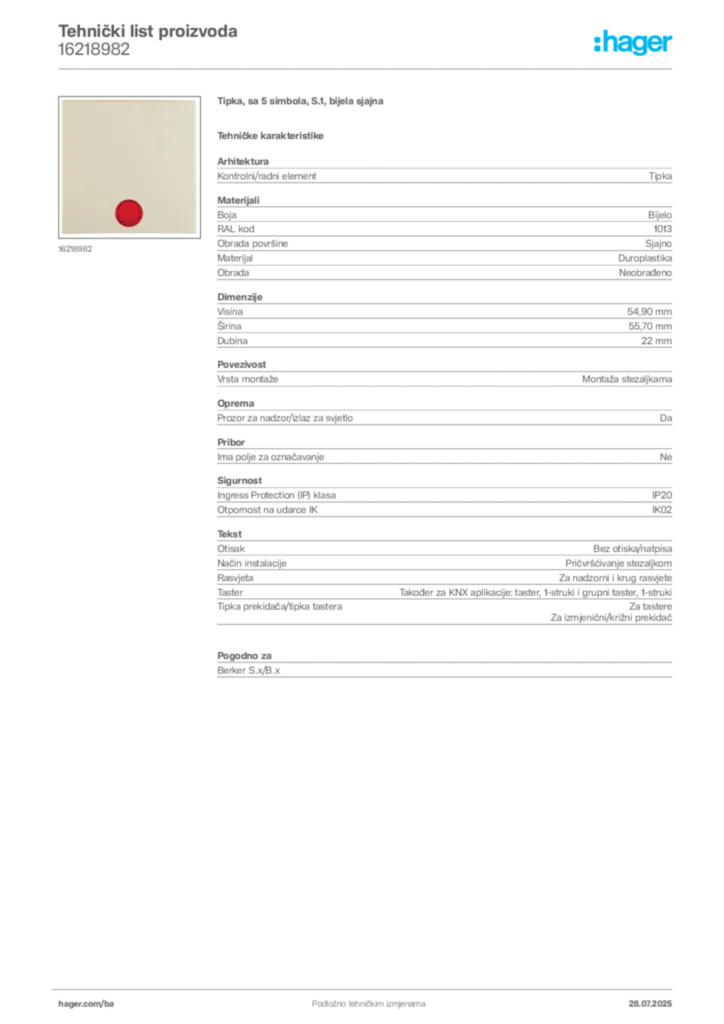 Slika Hager Product data sheet 16218982  | Hager