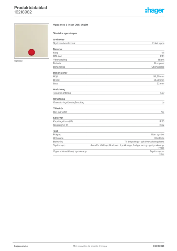 Bild Hager Produktdatablad 16218982 | Hager Sverige