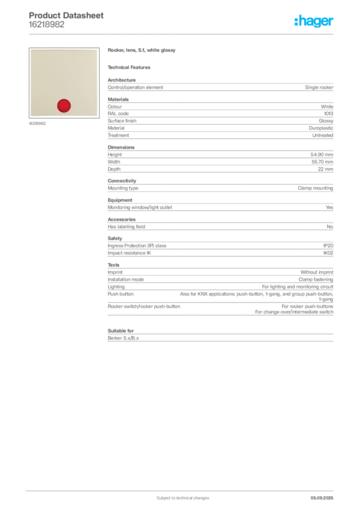 Image Hager Product data sheet 16218982  | Hager