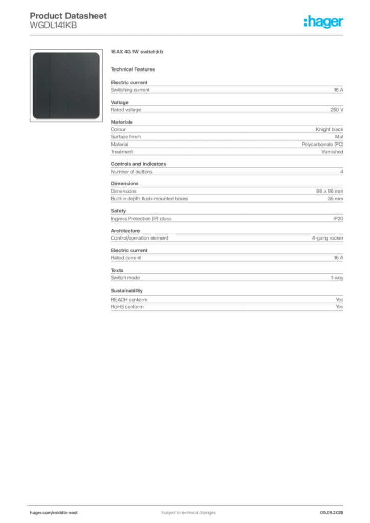 Image Hager Product data sheet WGDL141KB  | Hager