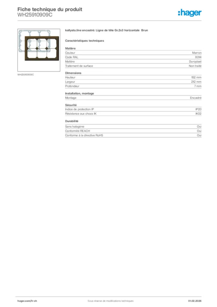 Image Hager Fiche technique du produit WH25910909C | Hager Suisse