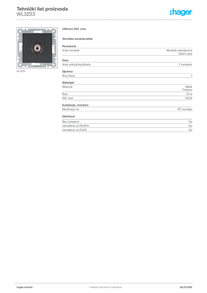 Slika Hager Product data sheet WL3233  | Hager