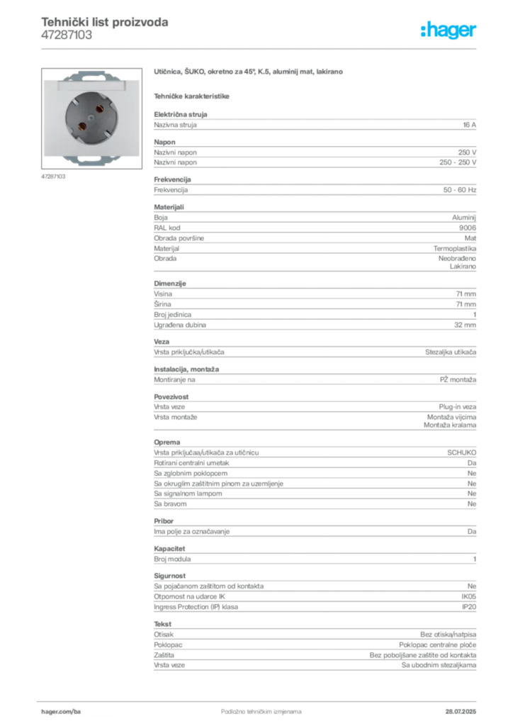 Slika Hager Product data sheet 47287103  | Hager