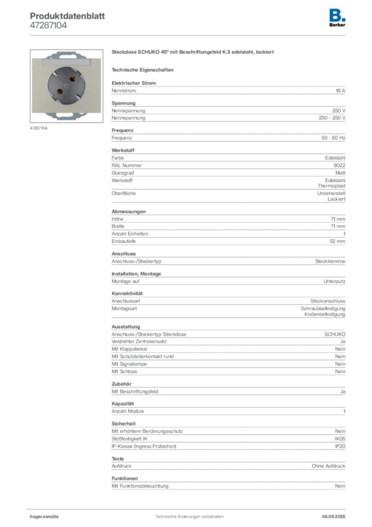 Bild Berker Produktdatenblatt 47287104 | Hager Deutschland