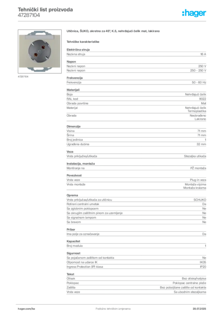 Slika Hager Product data sheet 47287104  | Hager