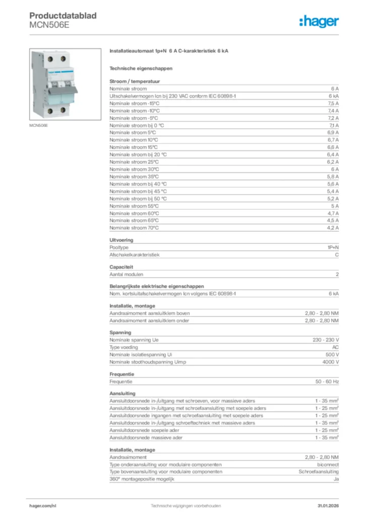 Afbeelding Hager Productdatablad MCN506E | Hager Nederland