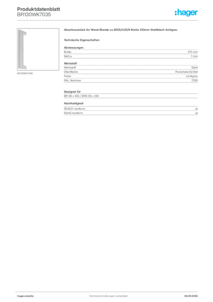 Bild Hager Produktdatenblatt BR130WK7035 | Hager Deutschland