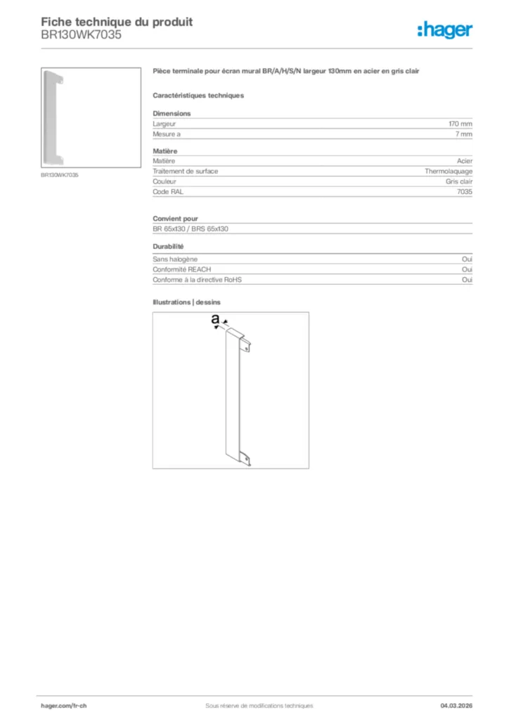 Image Hager Fiche technique du produit BR130WK7035 | Hager Suisse