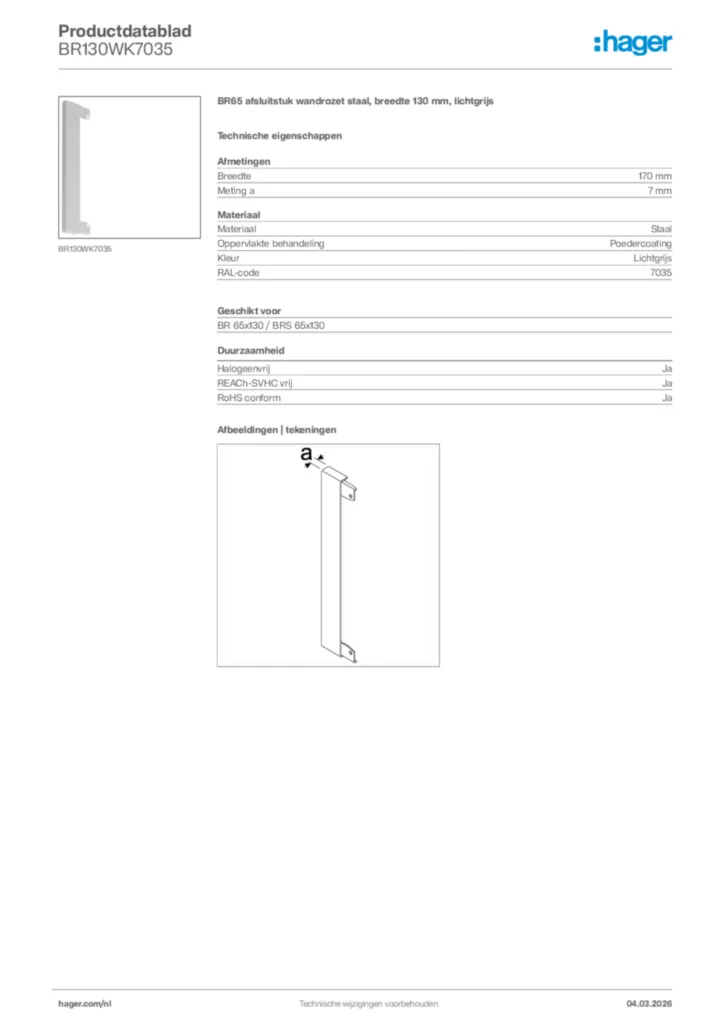 Afbeelding Hager Productdatablad BR130WK7035 | Hager Nederland