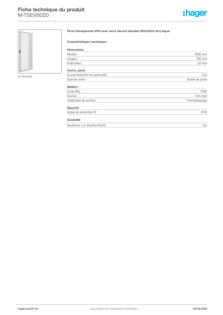 Image Hager Fiche technique du produit M-TSEV8020 | Hager Suisse