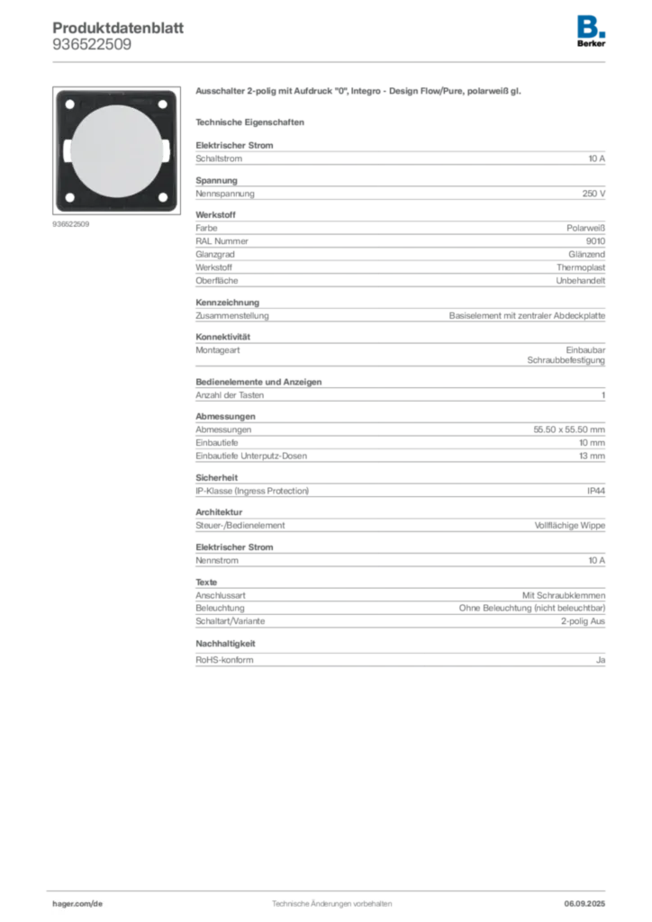 Bild Berker Produktdatenblatt 936522509 | Hager Deutschland