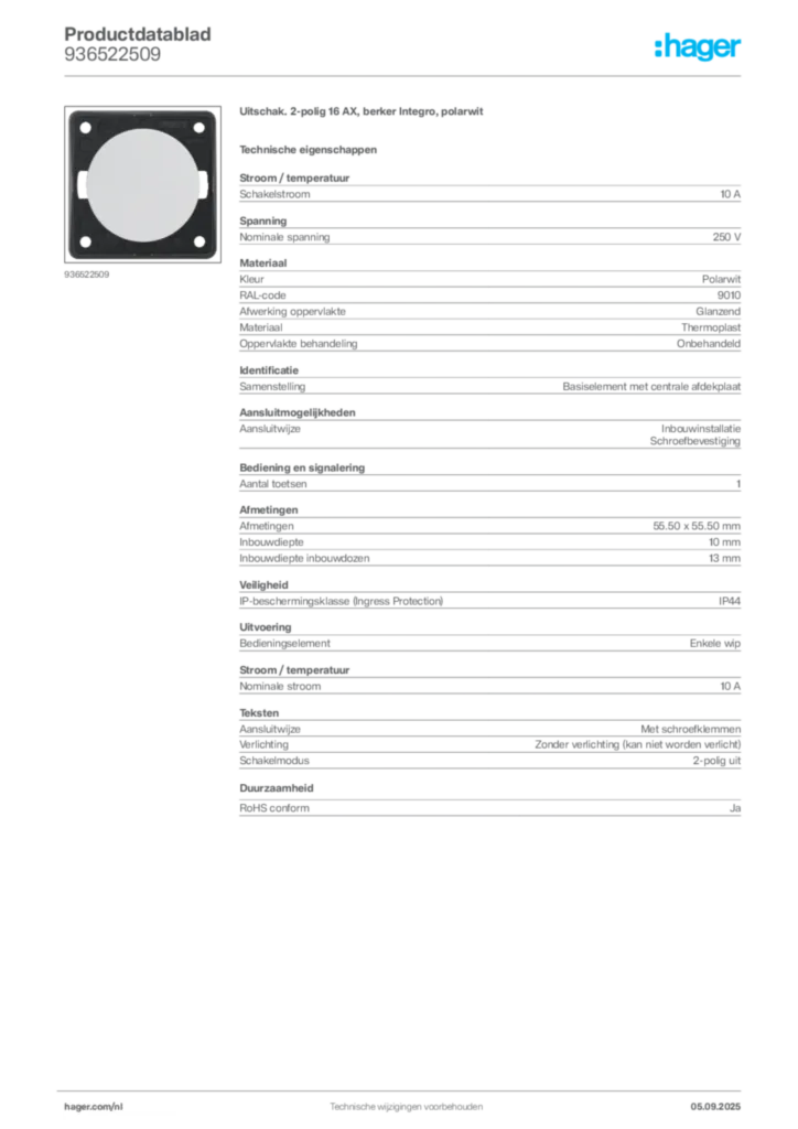Afbeelding Hager Productdatablad 936522509 | Hager Nederland