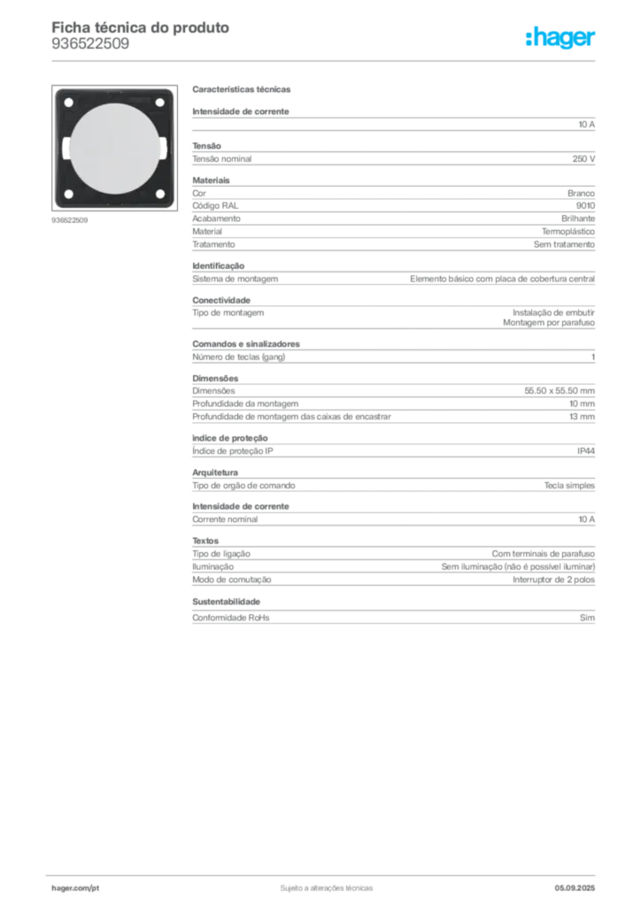 Imagem Hager Ficha técnica do produto 936522509 | Hager Portugal
