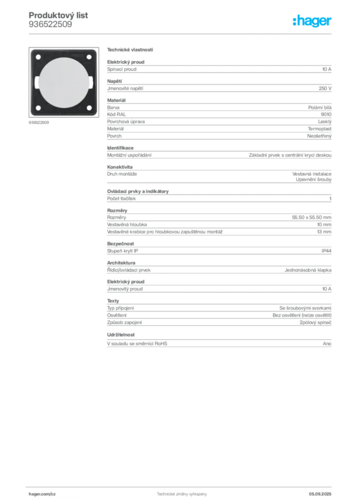 Obrázek Hager Produktový list 936522509 | Hager