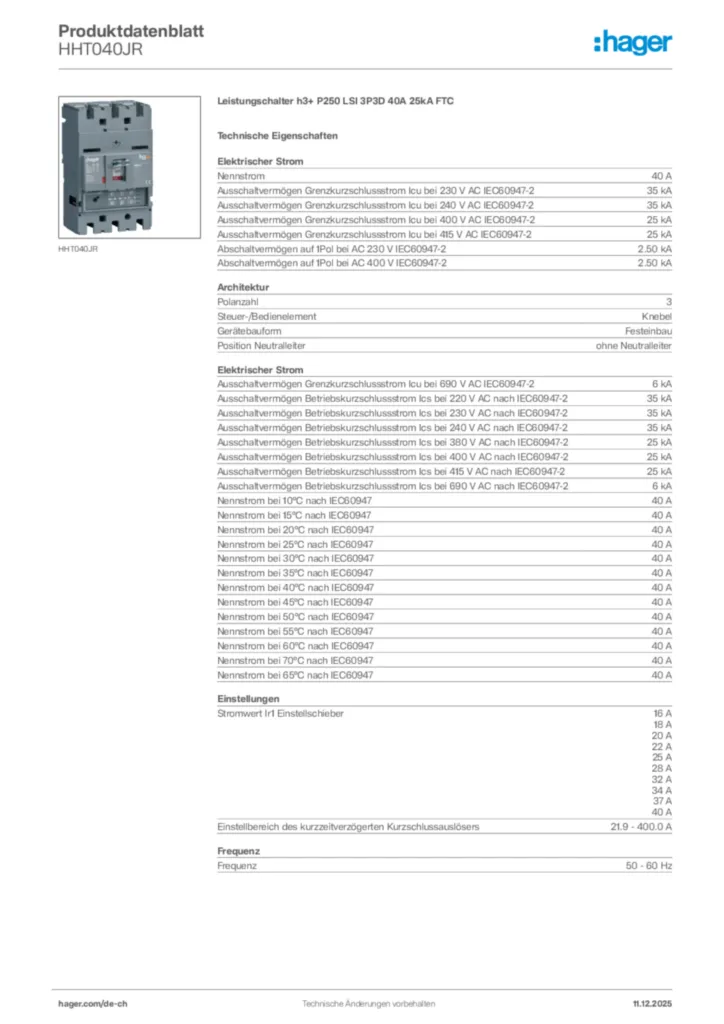 Bild Hager Produktdatenblatt HHT040JR | Hager Schweiz