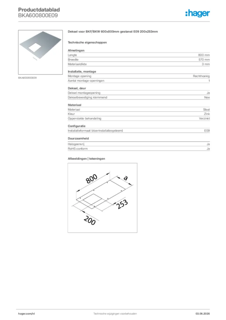 Afbeelding Hager Productdatablad BKA600800E09 | Hager Nederland