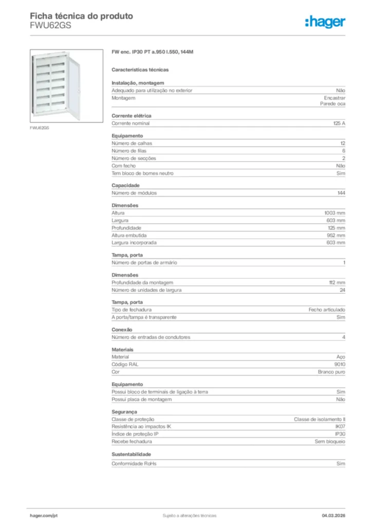 Imagem Hager Ficha técnica do produto FWU62GS | Hager Portugal