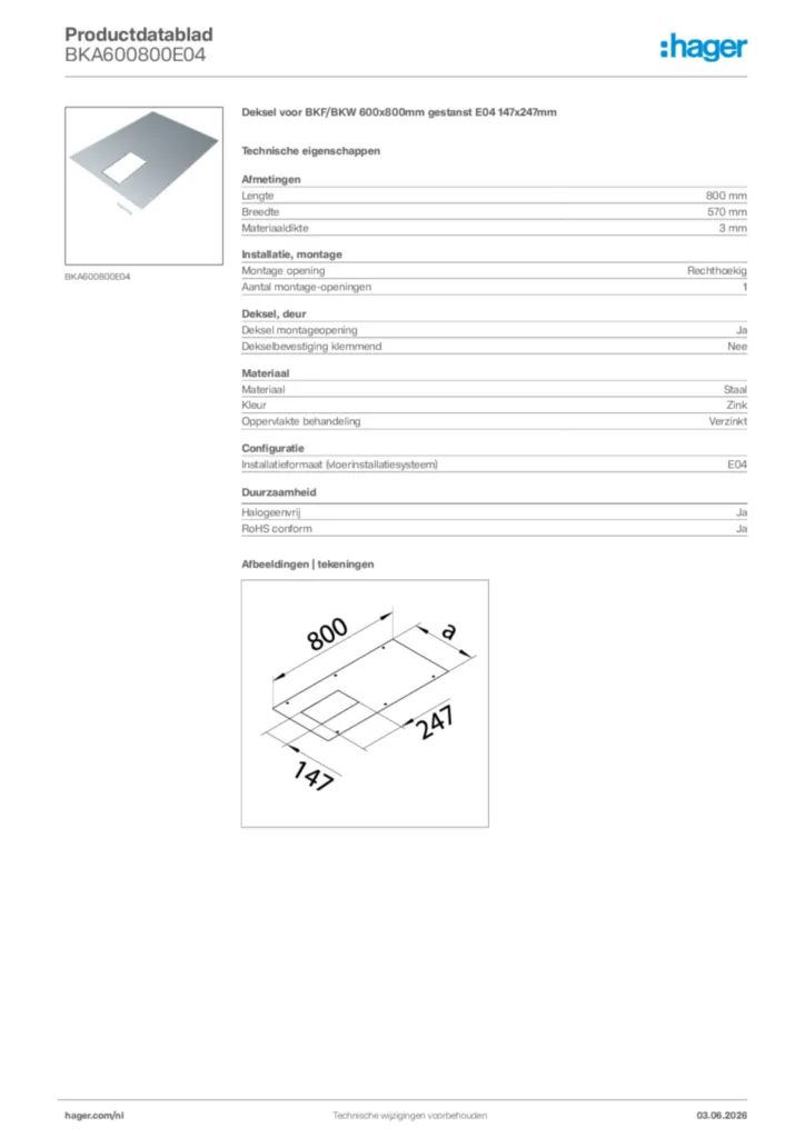 Afbeelding Hager Productdatablad BKA600800E04 | Hager Nederland