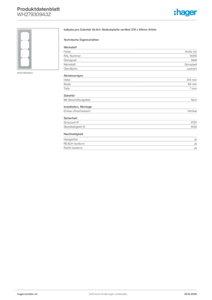 Bild Hager Produktdatenblatt WH27930943Z | Hager Schweiz