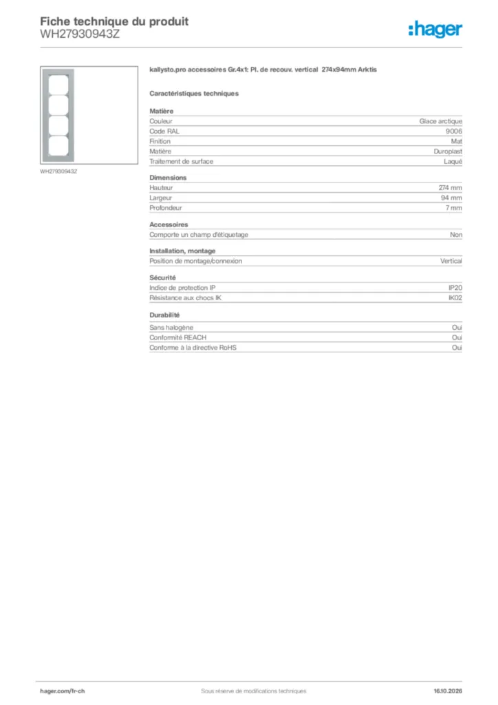 Image Hager Fiche technique du produit WH27930943Z | Hager Suisse