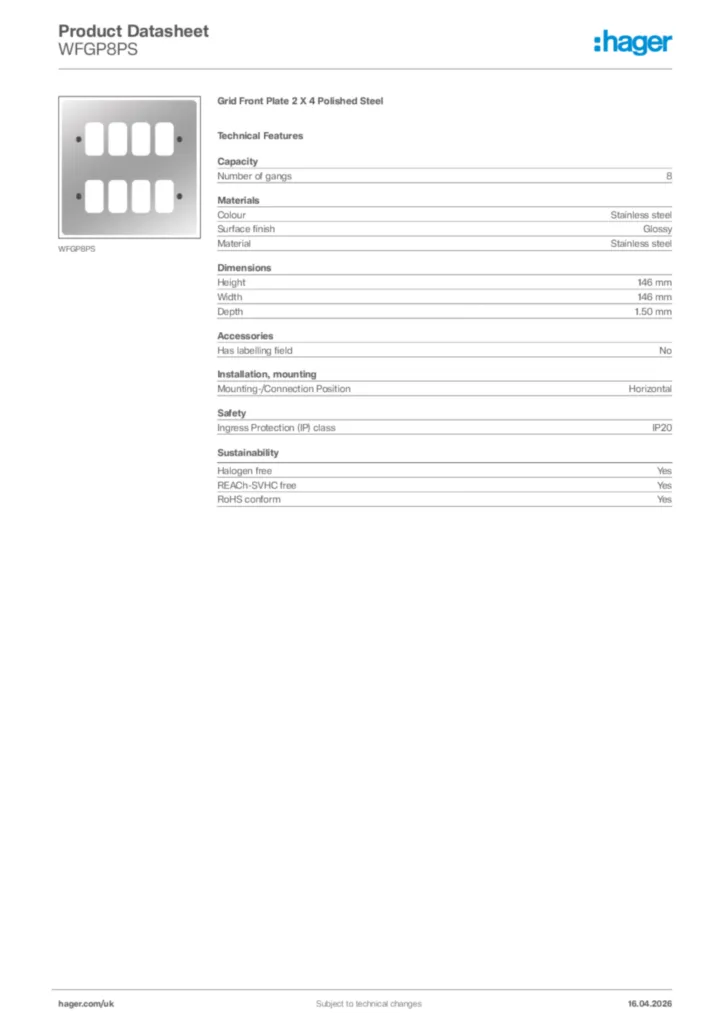 Image Hager Product data sheet WFGP8PS  | Hager