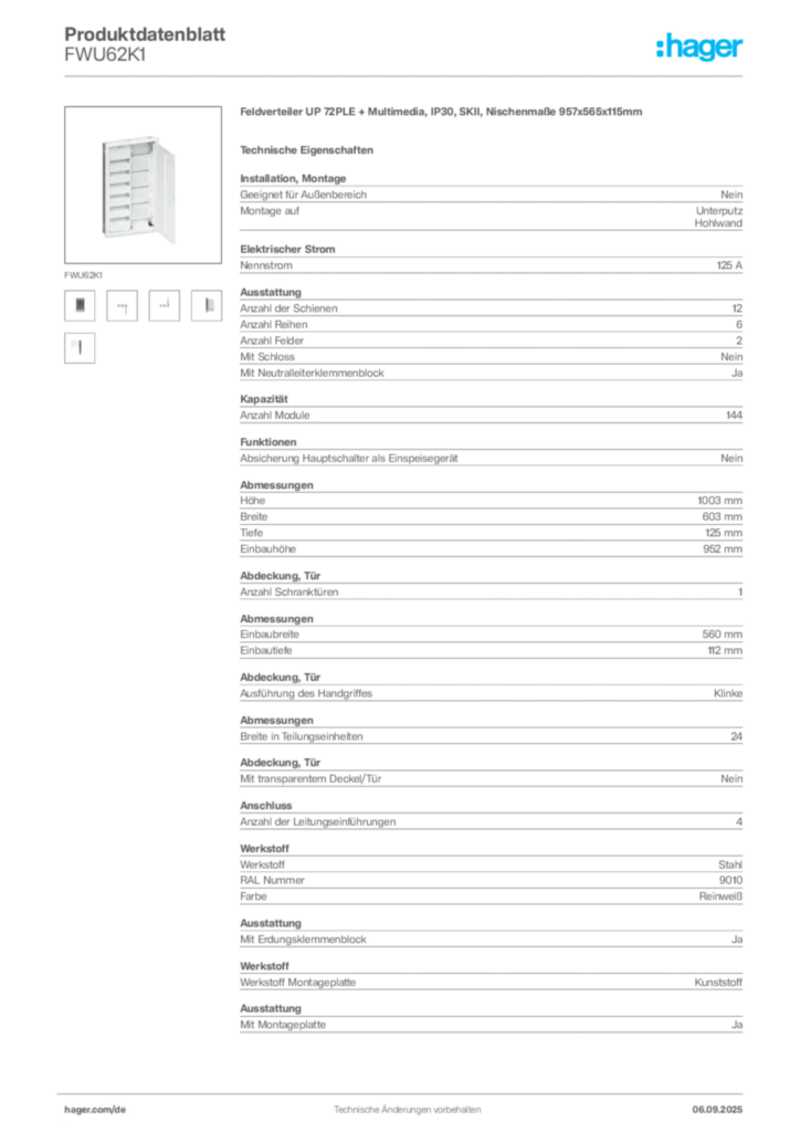 Bild Hager Produktdatenblatt FWU62K1 | Hager Deutschland