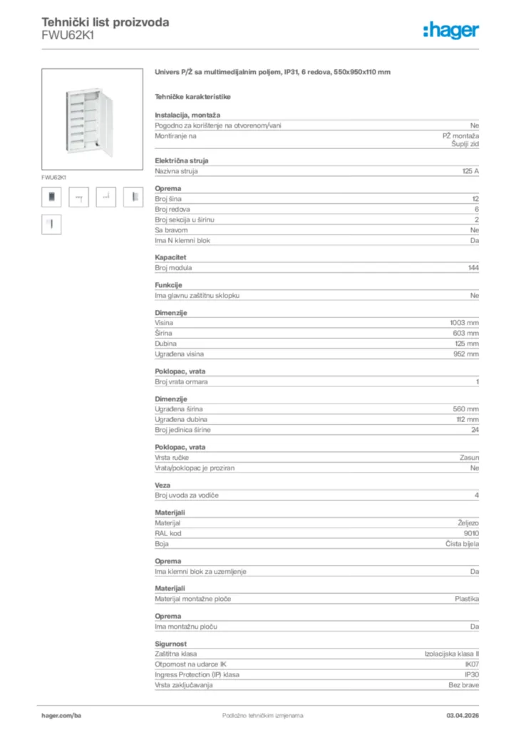 Slika Hager Tehnički list proizvoda FWU62K1  | Hager