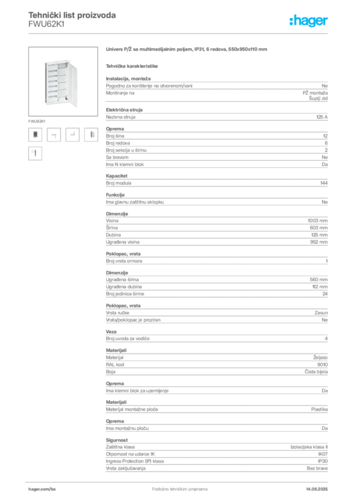 Slika Hager Product data sheet FWU62K1  | Hager